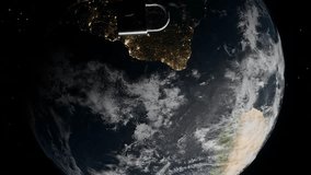 Planet Earth showing South America from space with red cyber lock and digital network lines. Cybersecurity and global data protection concept. Global network security visualization - Powered by Shutterstock - Get 15% off with code: PIKWIZARD15