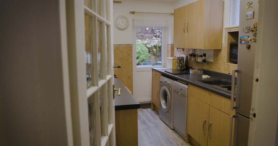 Empty kitchen, home and architecture in room for food and drink cooking. Domestic, appliance and style of a room in a house to cook and clean with a furniture and appliance layout with decor