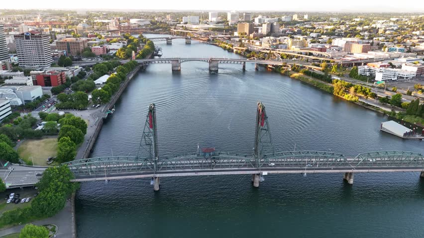 Drone shot of Portland Oregon Bridges and the Wilamette River at sunset