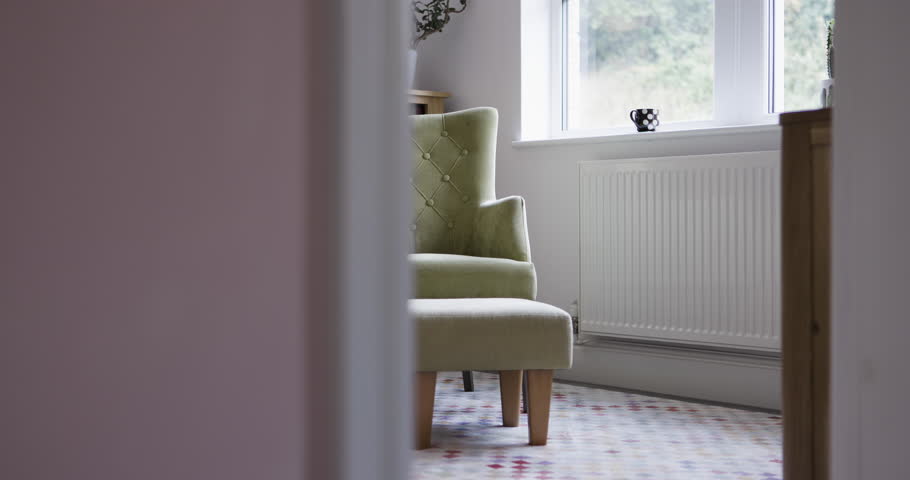 Furniture, luxury interior and chair in the bedroom of modern apartment or house with accessories. Stylish, home decor and room with a classic armchair, plants and bookshelf for decoration in a home.