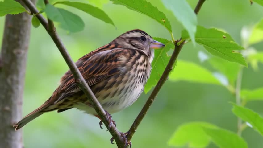 Chipping Sparrow bird perching on a dead broken tree in the woods of North Carolina.green background
