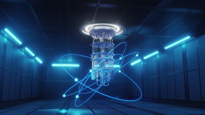 Futuristic quantum computing machine with glowing atomic structure inside a modern scientific lab environment, symbol advanced physics and technology.