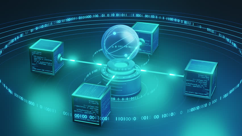 Futuristic of a quantum computing system featuring interconnected data nodes, digital binary flow, and glowing technology elements.