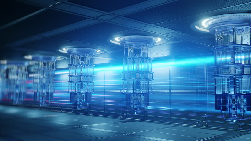 High-tech laboratory with multiple quantum computers and glowing motion lines, representing fast data processing and futuristic computing power.