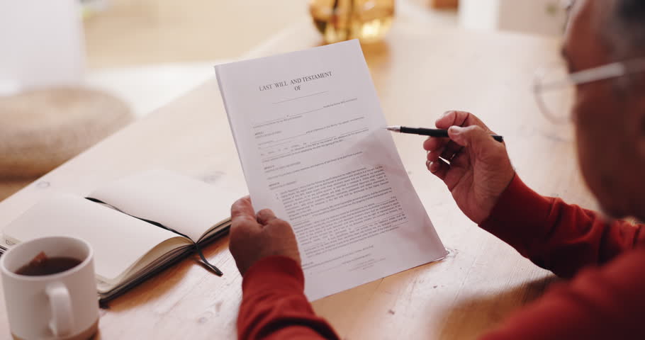 Pen, reading and will with man in living room of home for legal documents or paperwork from above. Contract, planning and security with senior person in apartment for review of assets or inheritance