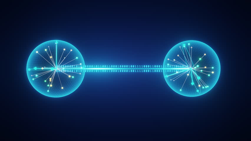 Abstract digital of two entangled qubit spheres connected by binary code, symbolizing quantum communication and information exchange.