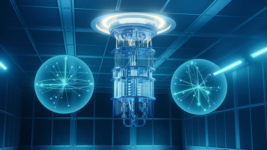 Futuristic quantum computer in a high-tech lab, surrounded by 3D visualizations of spinning qubits representing complex quantum data processing.