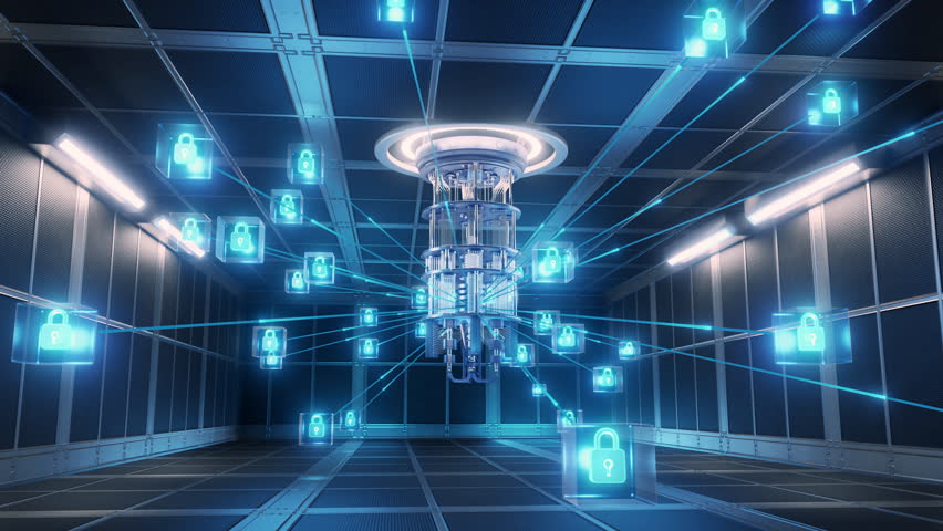 quantum computer with glowing padlock icons connected in all directions, representing secure quantum encryption and data protection.