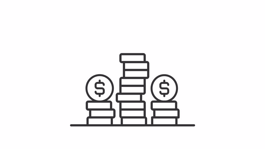 Animated money line icon. Coin stacks animation. Spinning coins. Jumping, shaking. Profit, income. Financial management. Outline element on white background. HD video with alpha channel