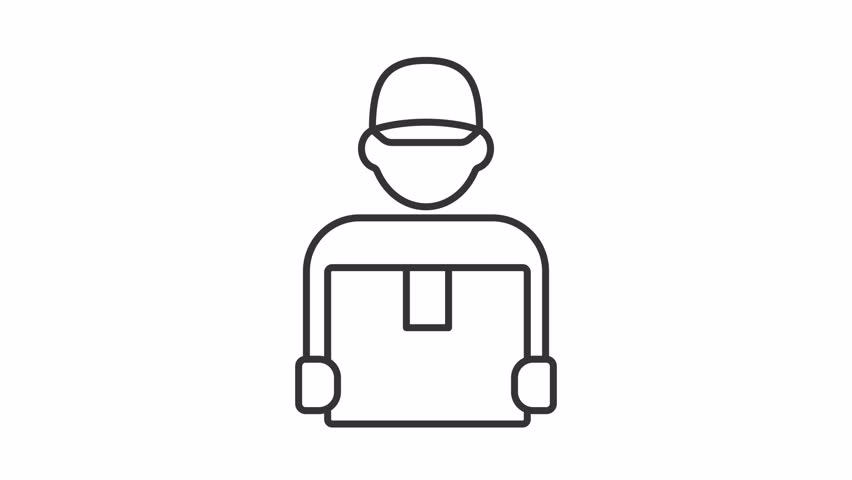 Courier line animation. Delivery man animated icon. Shaking head. Moving hands, box. Shipping service, distribution. Outline element on white background. HD video with alpha channel