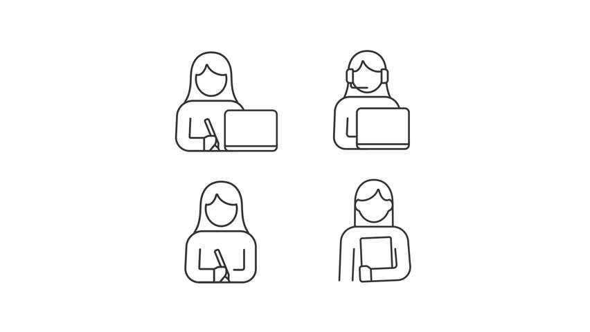 Remote employee line animation set. Digital worker animated icons. Call operator, customer service. Artists, students. Outline elements on white background. HD video with alpha channel - Powered by Shutterstock - Get 15% off with code: PIKWIZARD15