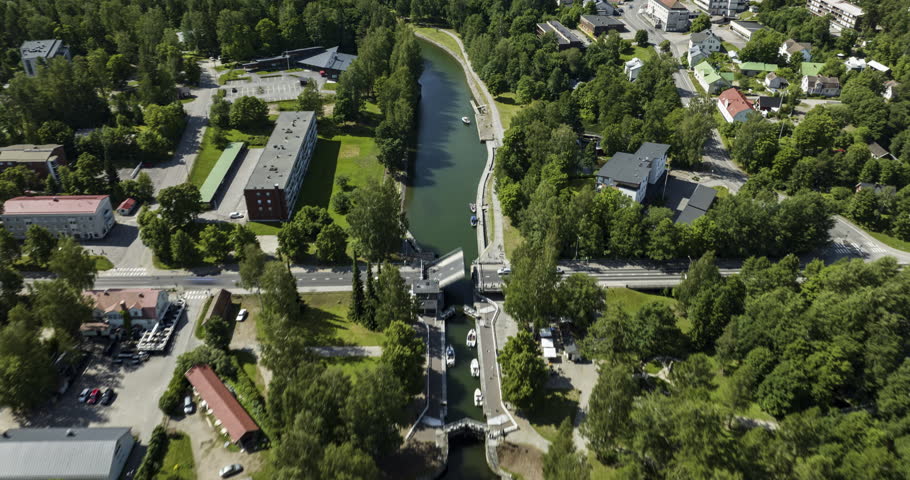Hyperlapse drone shot over the canal of Vaaksy, sunny, summer day in Finland