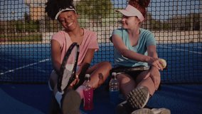 Two young female tennis players are taking a break on the court after their match, sitting against the net, chatting and enjoying a refreshing drink - Powered by Shutterstock - Get 15% off with code: PIKWIZARD15