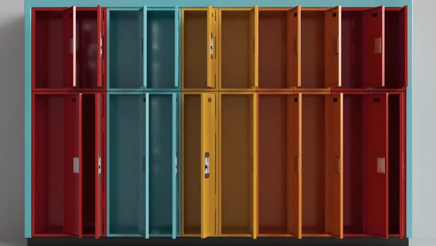 A bank of colourful school lockers with doors sequentially opening and closing in a loop - 3D render