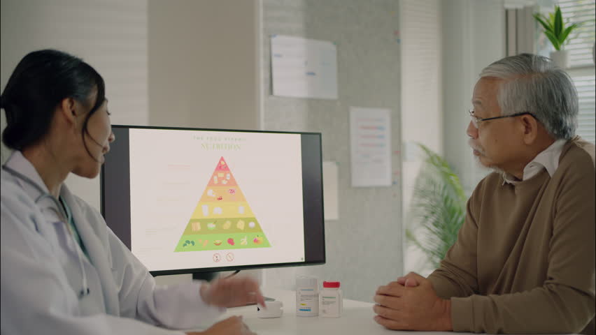 Asian female doctor consulting an elderly man about healthy eating habits using a food pyramid chart on screen, promoting senior nutrition awareness.