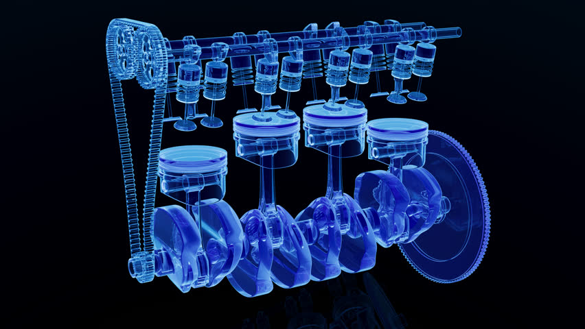 Animation car engine from the inside. X-Ray style. Pistons, crankshaft, camshaft, valves in motion. Alpha Channel. Cyclic movement. Horizontal composition.