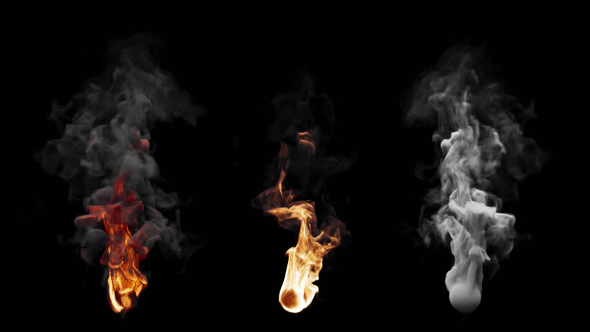 Set of three fire burning variants. The first variant has a lot of smoke. The second variant contains more fire. The third variant consists of white smoke. File contains Alpha Channel.