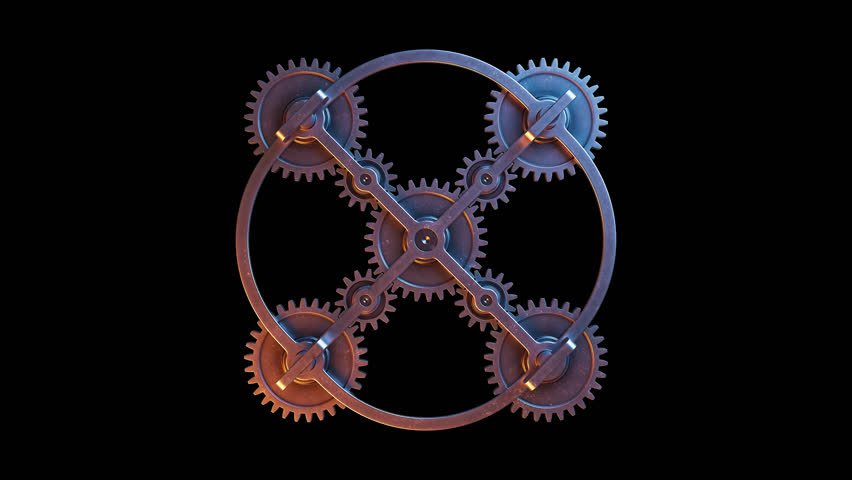Looping animation of a mechanical construction made of metal gears. Alpha Channel. Cyclic movement. Horizontal composition.