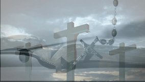 Open Bible lying flat above calm water, featuring metal rosary and three wooden cross silhouettes. Spiritual, contemplative, reverent, serene, reflective, religious, symbolism - Powered by Shutterstock - Get 15% off with code: PIKWIZARD15