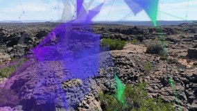 3D network overlaying rocky plateau with shrubs overlooking canyon, connecting purple green nodes. Technology, innovation, futurism, landscape, digital, abstract, connectivity - Powered by Shutterstock - Get 15% off with code: PIKWIZARD15