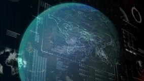 Holographic Earth globe being visualized in HUD, displaying continent maps and data tables. Futuristic, technology, data, interface, digital, innovation, visualization - Powered by Shutterstock - Get 15% off with code: PIKWIZARD15