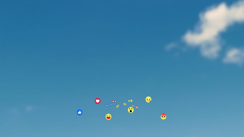Social media reaction emojis floating across clear blue sky, showing vibrant flat design style. Digital icons, communication, colorful, modern, urban, expressive, branding