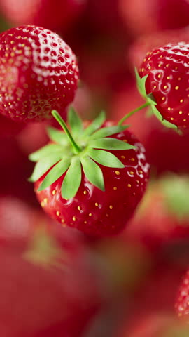 Looping animation of a group of strawberry. Many strawberry slowly rotate in the background in space. Vertical composition. Defocus. Close-up. Cycle.