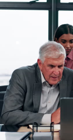 Upset, laptop and business people in office with bad news for negative finance report feedback. Mistake, error and investor with financial advisor for stock market crash with investment fail.