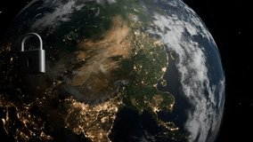 Asia view from space with cyber lock and red digital connections. Cybersecurity and data protection concept. Global network security visualization for poster and wallpaper - Powered by Shutterstock - Get 15% off with code: PIKWIZARD15