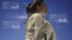 Woman holding knife outdoors, displaying technology HUD with scanning charts and analysis text. Futuristic, technology, analysis, digital, innovation, data visualization, outdoor - Powered by Shutterstock - Get 15% off with code: PIKWIZARD15