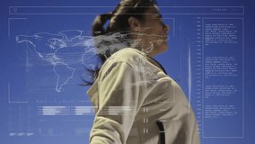 woman holding folding knife in technology dashboard, showing world map and horizontal data bars. Futuristic, tech, interface, data visualization, cybersecurity, innovation, digital - Powered by Shutterstock - Get 15% off with code: PIKWIZARD15