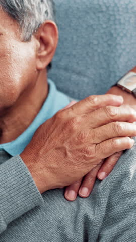 Senior man, hands and marriage with support for comfort, empathy or assisted living together at old age home. Closeup, elderly couple or love with touch for care, commitment or sympathy at house