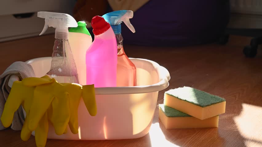 Home cleaning tools. Bottles of cleaning products, sponges and rubber gloves.