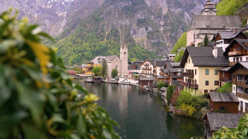 Hallstatt village in Alps , Austria. Hallstatt Village and Hallstatter See lake in spring time. Lakeside Village. 