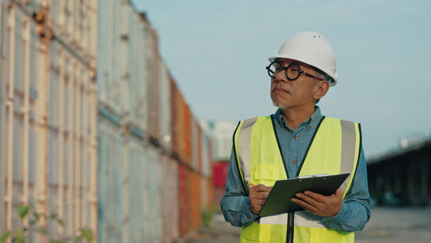 Focused engineer in safety vest and hard hat takes notes on a clipboard while examining stacked cargo containers at a shipping facility under a clear blue sky. - Powered by Shutterstock - Get 15% off with code: PIKWIZARD15