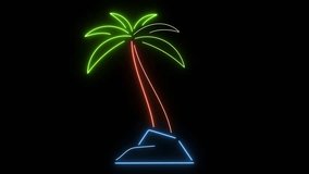 Neon Palm Tree Animation. Glowing Tropical Island with Bright Coconut Palm on Rock at Night. Retro Summer Beach Light Sign. Exotic Vacation Symbol for Travel and Holiday Concepts. - Powered by Shutterstock - Get 15% off with code: PIKWIZARD15