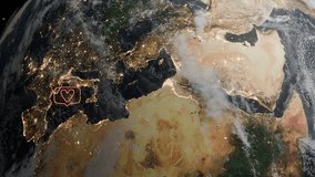 Planet Earth showing southern Europe and northern Africa with heart symbol inside chat bubble and red digital network lines. Social media communication and global connection concept - Powered by Shutterstock - Get 15% off with code: PIKWIZARD15