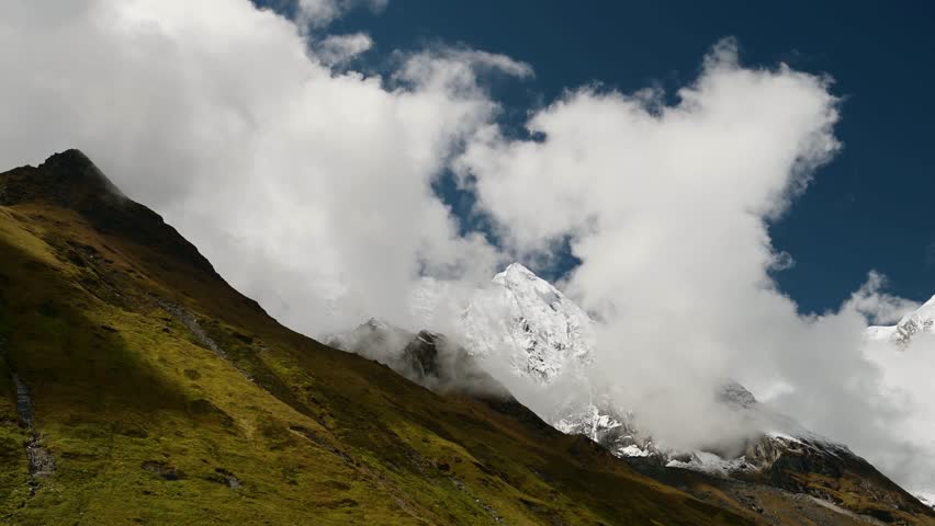 Snowcapped Mountains in the Clouds in Nepal, Himalayas Mountain Landscape in High Altitude Terrain in Beautiful Nepal Scenery