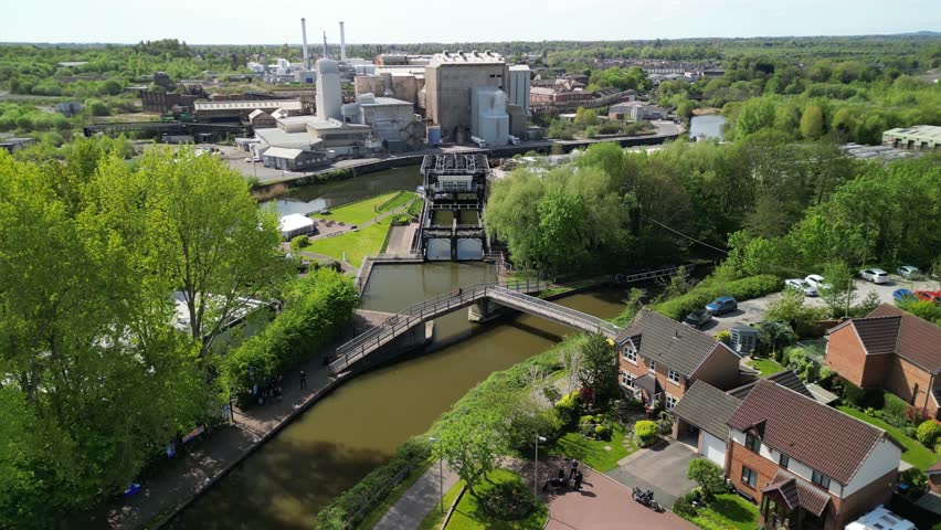 Anderton Boat Lift by drone - flyover from rear, focus on pulleys. An amazing feat of British engineering - Cheshire, UK