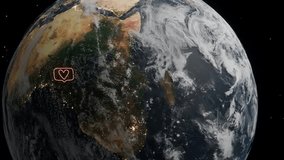 Planet Earth showing central Africa with heart symbol inside chat bubble and red digital network lines. Social media communication and global connection concept for poster and wallpaper. - Powered by Shutterstock - Get 15% off with code: PIKWIZARD15