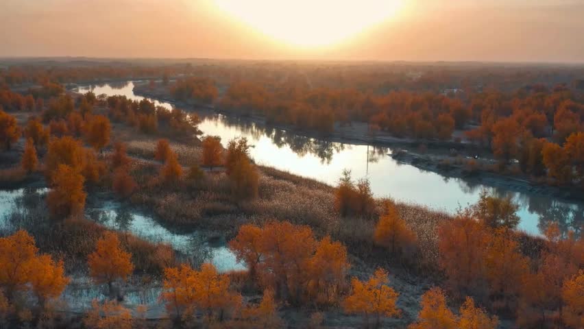 Aerial View of Autumn River Landscape at Sunset