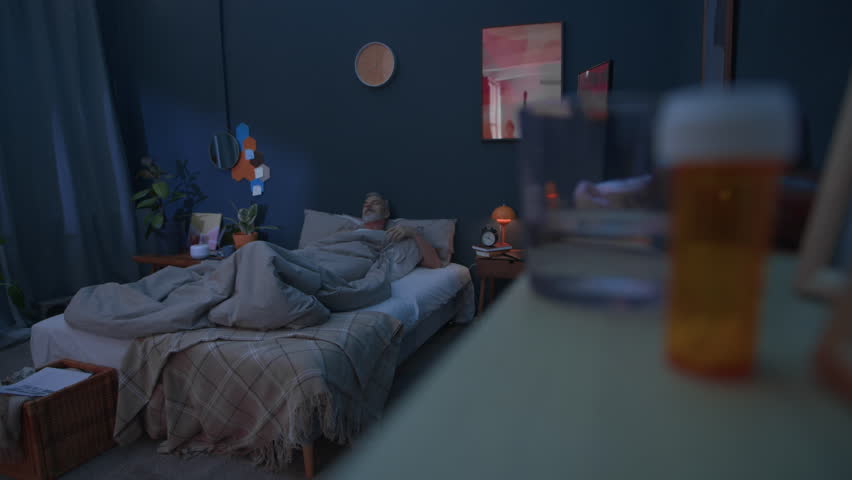 Rack focus shot of senior man taking sleeping pills and drinking water from glass, then going to bed in dark room at night