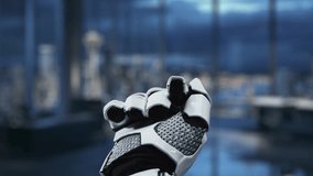 A robotic hand extending towards a digital globe, featuring various business icons symbolizing global connectivity and innovation, set against a sleek office backdrop. Auvana - Powered by Shutterstock - Get 15% off with code: PIKWIZARD15