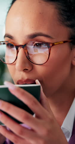 Business woman, reading and thinking with coffee for creative inspiration, story review and article feedback. Reflection, face of journalist and caffeine for publication draft, research and planning