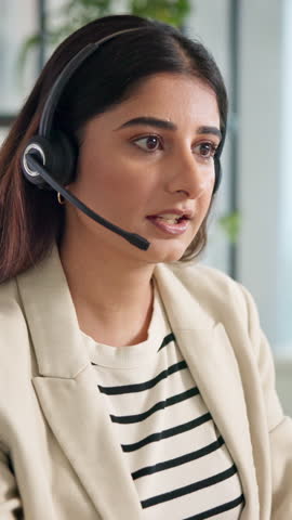 Call centre, telemarketing and woman with headset, worried and talking to contact for service and online. Communication, representative and person with tech for sales, customer care and checking info