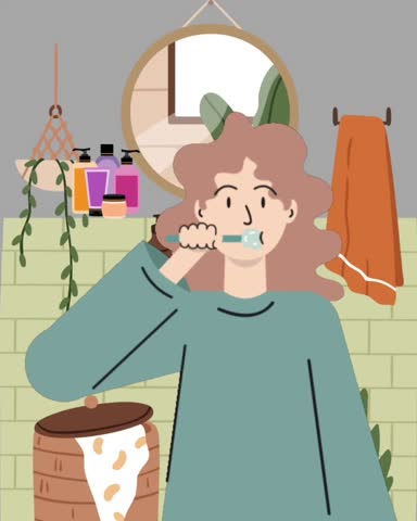 animation of woman brushing teeth in bathroom