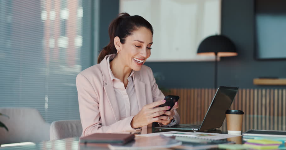 Reading, smile and phone with business woman in office for networking, client portfolio and company analyst. Communication, research and solution report with employee in agency for account manager