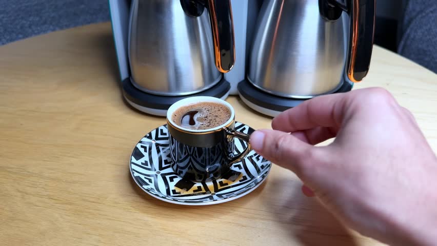 4K close-up of a hand lifting a freshly brewed coffee in a stylish black-and-white cup and saucer—ideal for coffee ads, lifestyle content, and cozy home scenes.