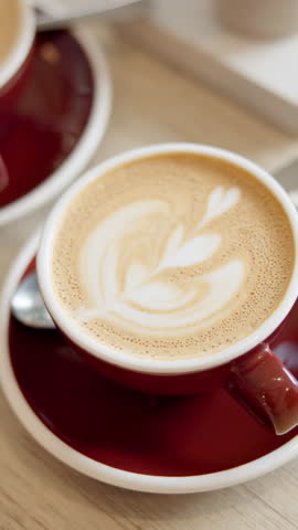 Cup, latte art and above in cafe, service and hospitality with cafeteria, caffeine and french roast. Empty, restaurant and business with creativity, beverage and espresso with industry and product