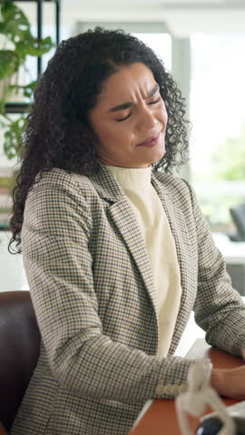 Business, woman and massage with neck pain in office for burnout, overworked and spine injury. Female person, discomfort and pressure for muscle tension, bad posture and arthritis crisis at workplace